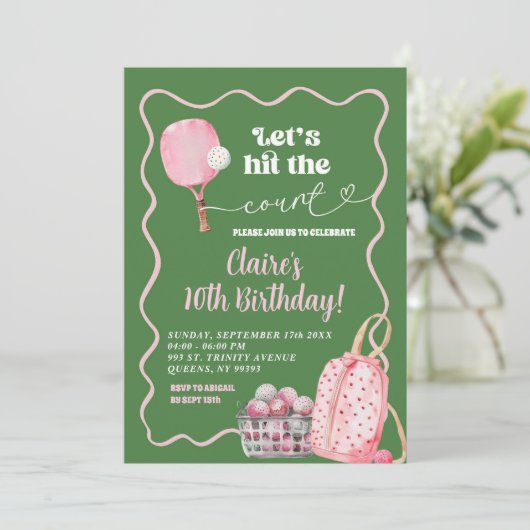 Groen Roze Wavy Retro Pickleball Verjaardag Kaart (Staand voorkant)