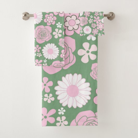 Groen Roze Wit Retro Y2K 70s Bloempatroon Bad Handdoek (Insitu)