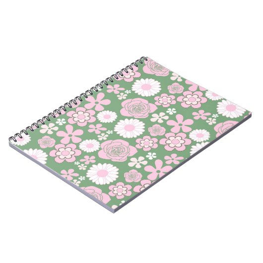 Groen Roze Wit Retro Y2K 70s Bloempatroon Notitieboek (Linkerzijde)