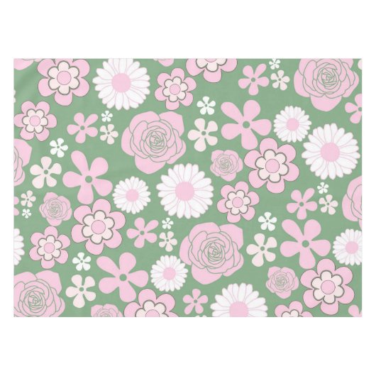 Groen Roze Wit Retro Y2K 70s Bloempatroon Tafelkleed (Voorkant (Horizontaal))
