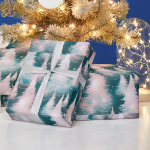 Groen Roze Witte Bomen Moderne Kerst Cadeaupapier