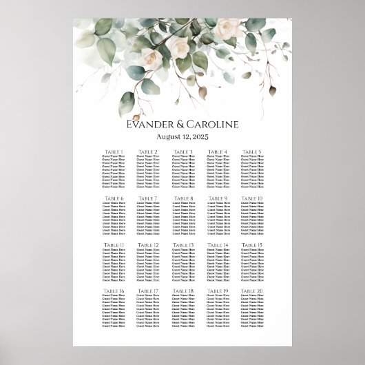 Groen & rozen bruiloft zitplaatsen grafiek 20 tafe poster (Voorkant)