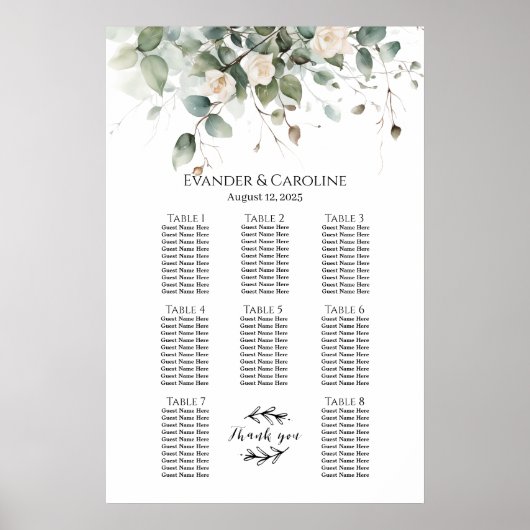 Groen & rozen bruiloft zitplaatsen grafiek 8 tafel poster (Voorkant)