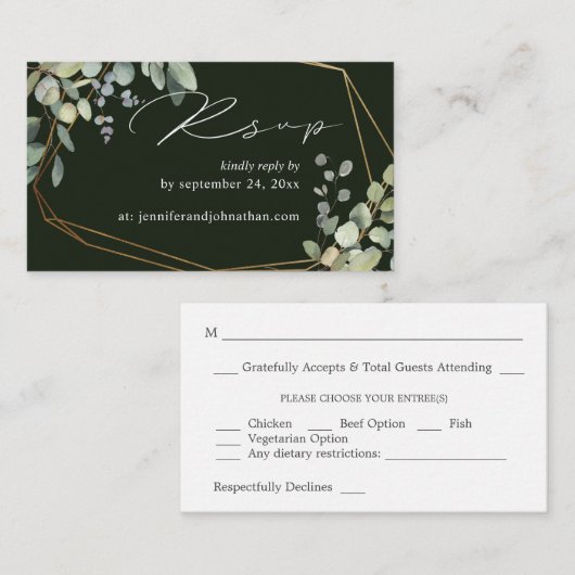 Groen Rustige Eucalyptus & Gold 2SM-medium RSVP Informatiekaartje (Voorkant / Achterkant)