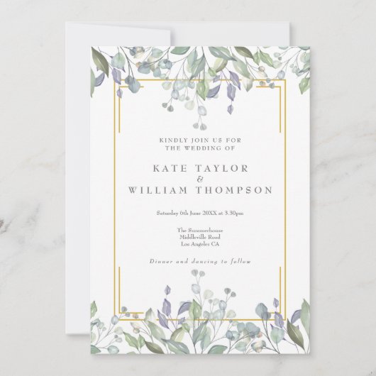 Groen Salie Lila Bloemen QR Code Bruiloft Kaart (Voorkant)