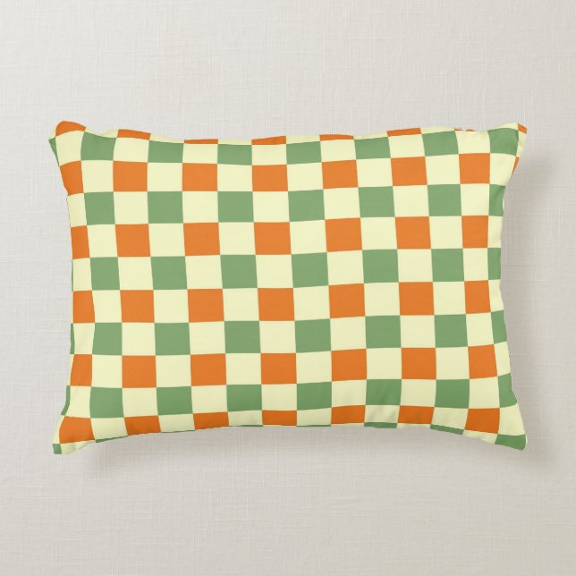 Groen Sinaasappel Bruin Geruit Gingham Patroon Accent Kussen (Voorkant)