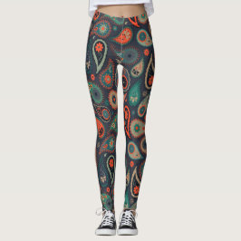 Groen sinaasappel Paisley Patroon op donkerblauw Leggings
