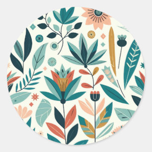 Groen Sinaasappel Vet Modern Bloemen Print Patroon Ronde Sticker