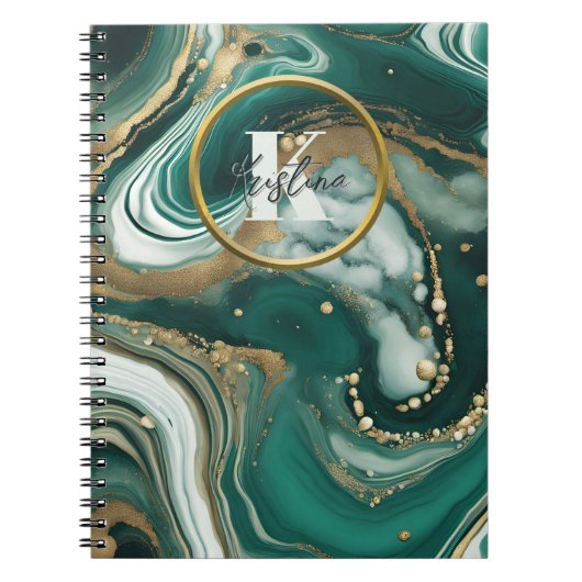 Groen smaragdmarmer met gouden Initiaal en naam Notitieboek (Voorkant)