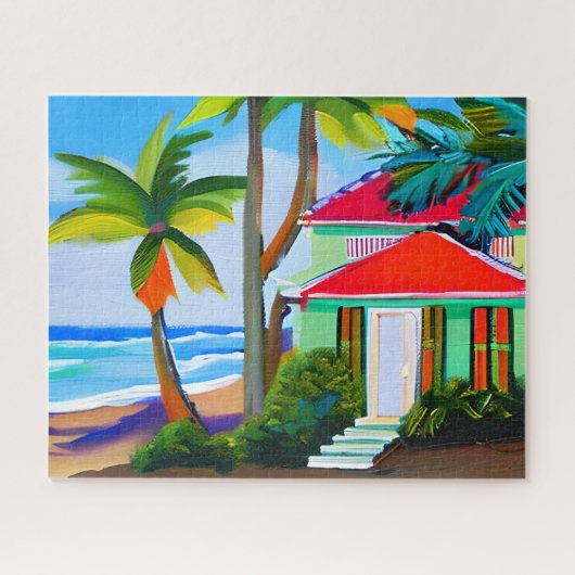 Groen strandhuis Tropische oceaan kunst Legpuzzel (Horizontaal)