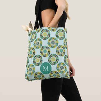Groen Teal Modern Bloempatroon Monogram Draagtas