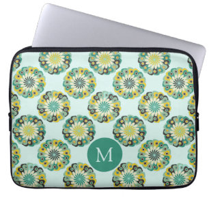 Groen Teal Modern Bloempatroon Monogram Laptop Sleeve
