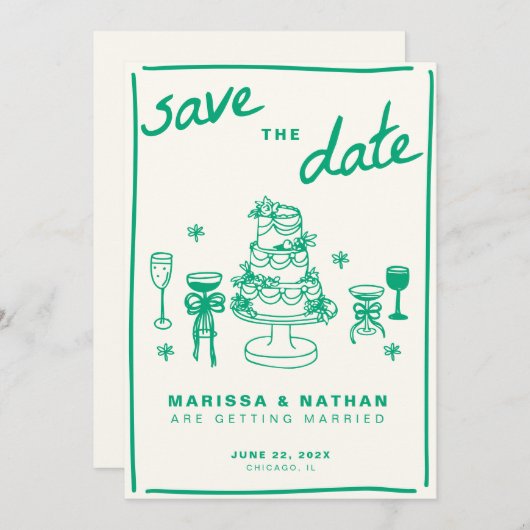Groen Tekenen Samen Trouwen Save The Date (Voorkant / Achterkant)