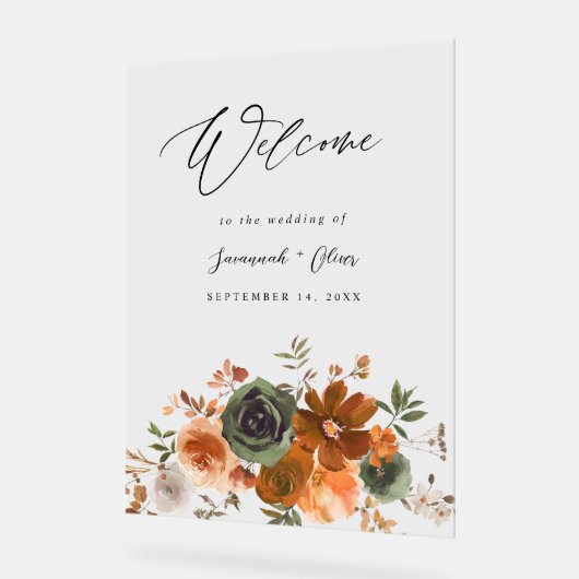 Groen & TerraCotta Bloemenbruiloft Welkom Acryl Bord (Hoek)