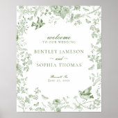 Groen Toile De Jouy Bloemen Huwelijks Welkom Bord Poster (Voorkant)