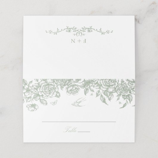 Groen Toile Trouwgevouwen Place Card Chinoiserie (Buitenkant ongevouwen)