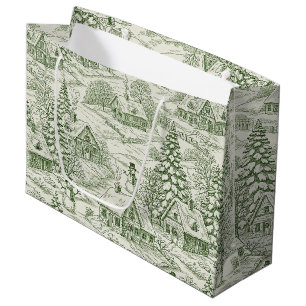 Groen Toile Vintage Kerst Dorp Patroon (3) Groot Cadeauzakje