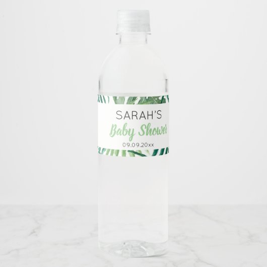 Groen Tropisch Blad Baby shower Favor Waterfles Etiket (Voorkant)