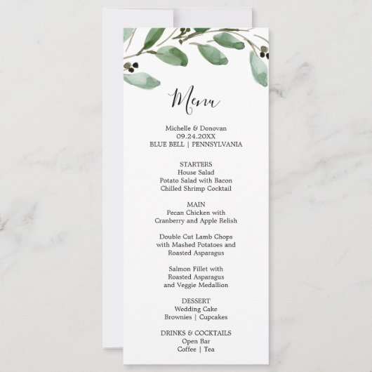 Groen Tropisch Eucalyptus Diner Menu Kaart (Voorkant)