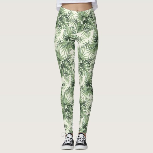 Groen Tropisch palm leest Patroon Leggings (Voorkant)