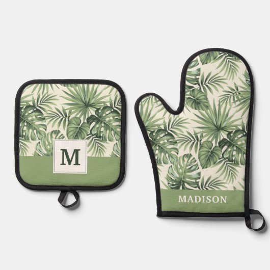 Groen Tropisch palm leest Patroon Ovenwant & Pannenlap Set (Voorkant)