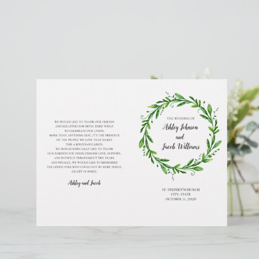 Groen trouwprogramma. herdenking van de zomerkerk (Staand voorkant)