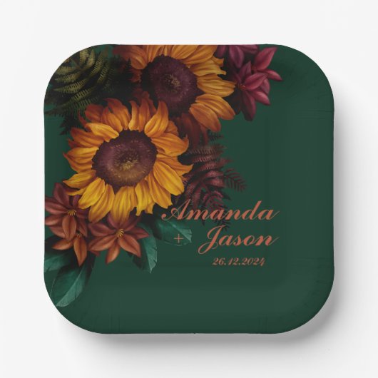 Groen verbrand Sinaasappel Bloemen Bruiloft Papieren Bordje (Voorkant)