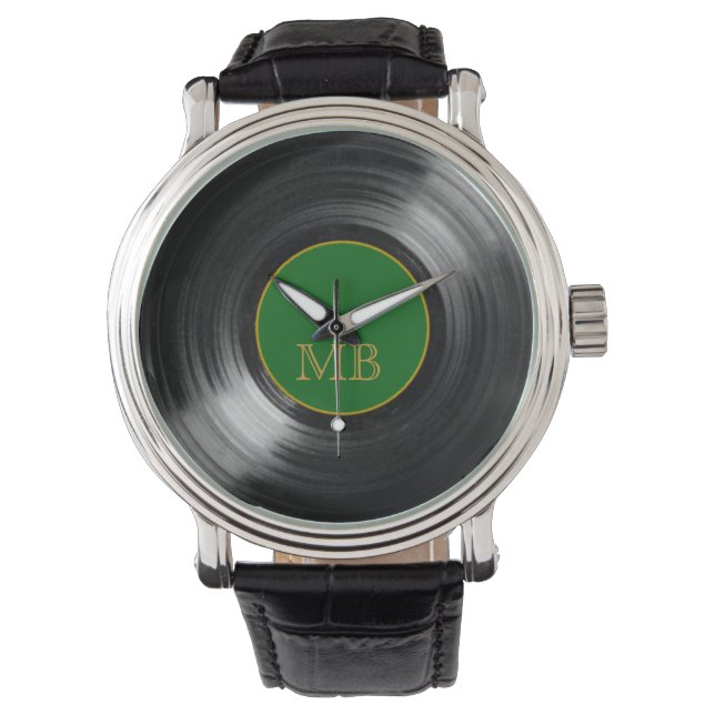 groen vinylrecord retro uur horloge (Voorkant)