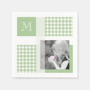 Groen voeg je foto Gingham Modern Monogram toe Servet