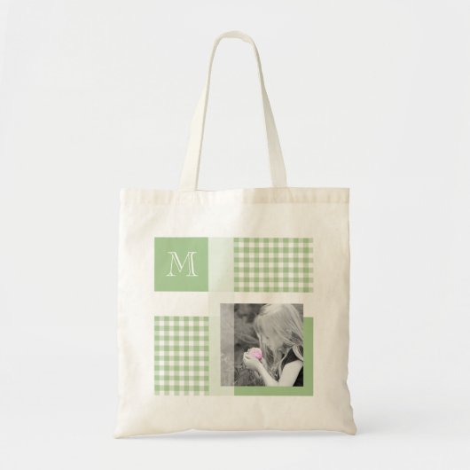 Groen voeg je foto Gingham Modern Monogram toe Tote Bag (Voorkant)