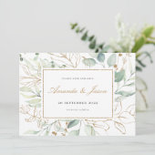 Groen Waterverf Eucalyptus Rustic Gold Foliage Save The Date (Staand voorkant)