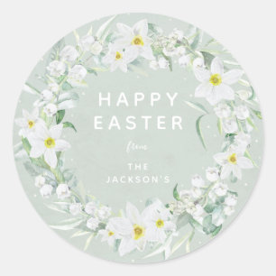 Groen + White Floral Wreate Easter Message Ronde Sticker