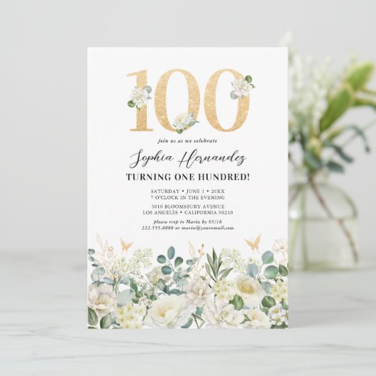 Groen & Wit Bloemen 100ste Verjaardagsfeest Kaart (Staand voorkant)