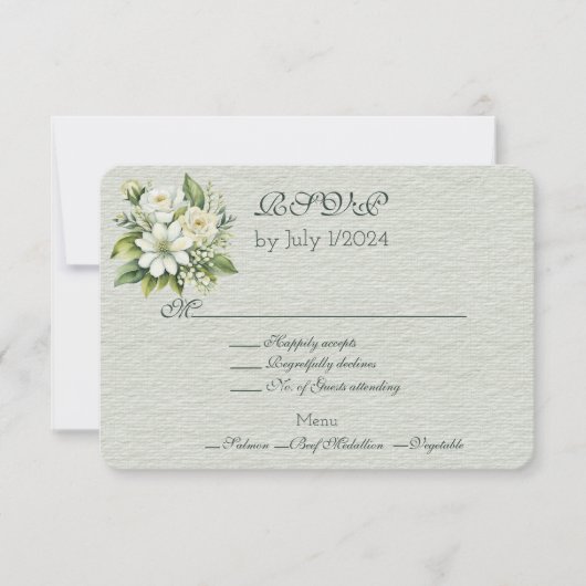 Groen Wit Bloemen Bruiloft Boeket RSVP Kaartje (Voorkant)
