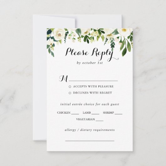 Groen Wit Bloemen Bruiloft Menu Keuze RSVP (Voorkant)