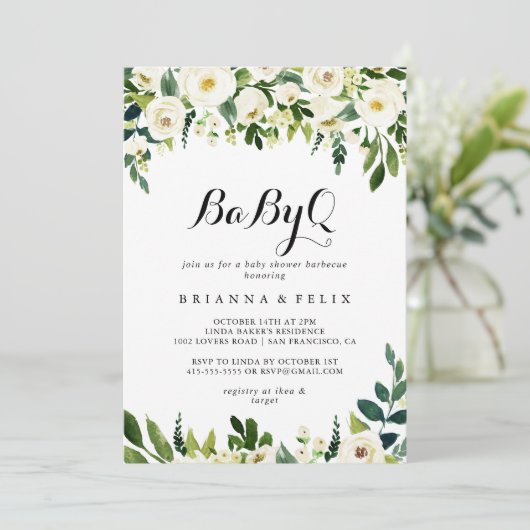 groen wit bloemenbabyQ Baby shower barbecue Kaart (Staand voorkant)