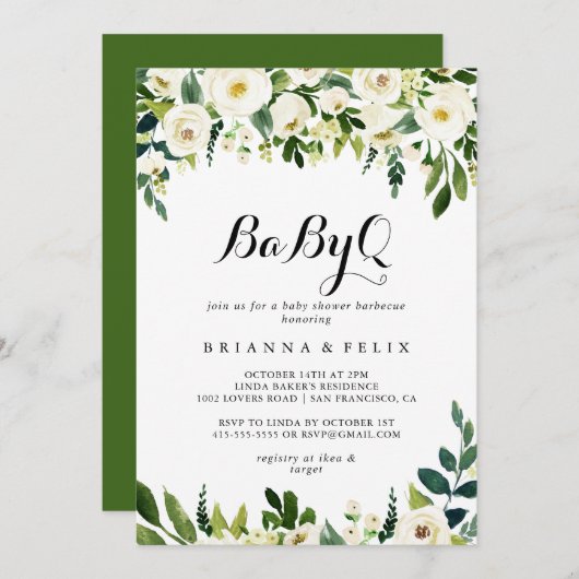 groen wit bloemenbabyQ Baby shower barbecue Kaart (Voorkant / Achterkant)