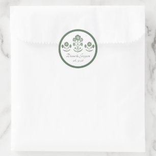 Groen & Wit Botanisch Blokdruk Huwelijk Ronde Sticker