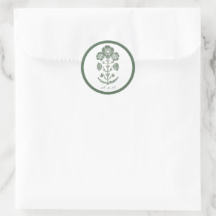 Groen & Wit Botanisch Blokdruk Huwelijk Ronde Sticker