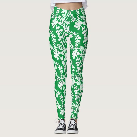 Groen-wit botanisch herhalingspatroon leggings (Voorkant)