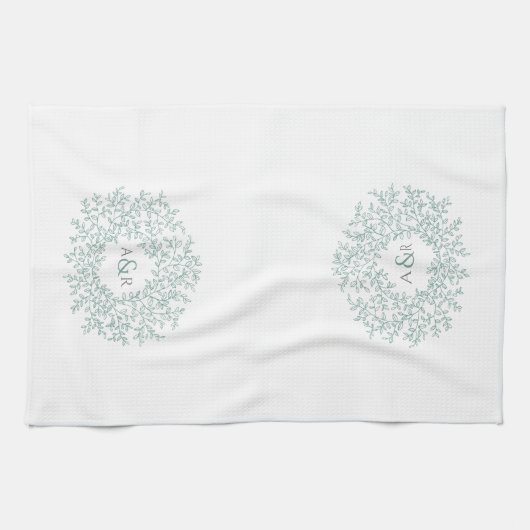 Groen wit cirkelblad monogram tekenpaar theedoek (Horizontaal)