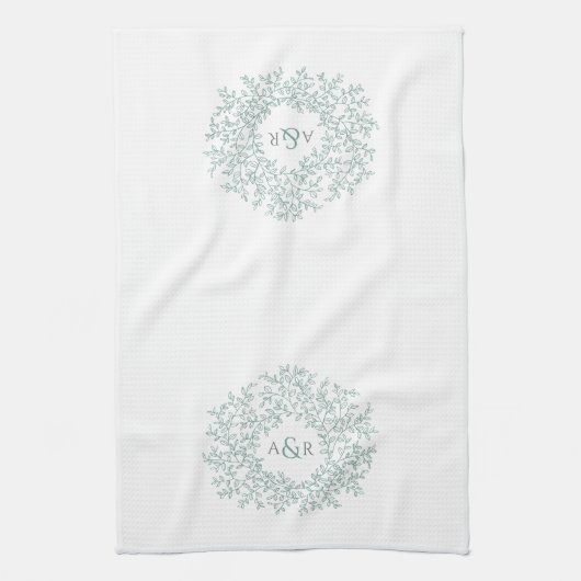 Groen wit cirkelblad monogram tekenpaar theedoek (Verticaal)
