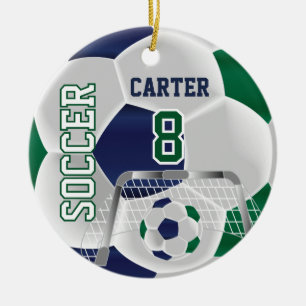 Groen, wit en donkerblauw personaliseren Voetbal ⚽ Keramisch Ornament