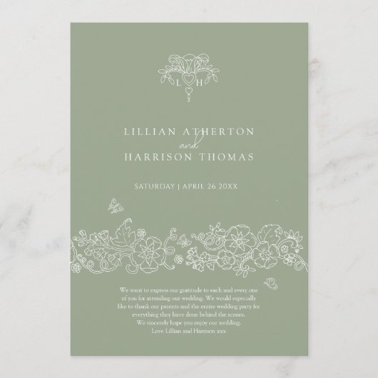 Groen wit fleur de lis bruiloft programma bedankt (Voorkant)