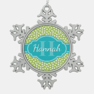 Groen wit gekleurd patroon Blauwgroen monogram Tin Sneeuwvlok Ornament