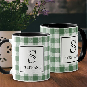 Groen & Wit Geruit Zwart Typografie Monogram Naam Mok