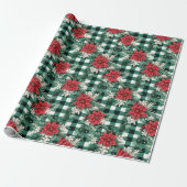 Groen Wit Gingham Poinsettia Xmas Bloemen Patroon Cadeaupapier (Uitgerold)
