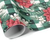 Groen Wit Gingham Poinsettia Xmas Bloemen Patroon Cadeaupapier (Rol Hoek)