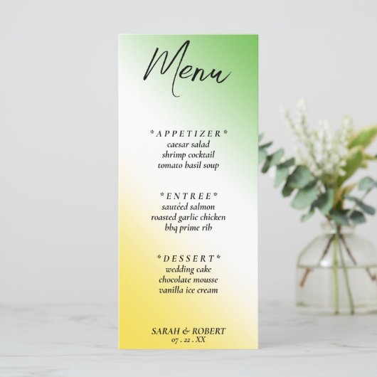 Groen Wit & Goud Jamaicaanse Diagonal Ombre Bruilo Menu (Staand voorkant)