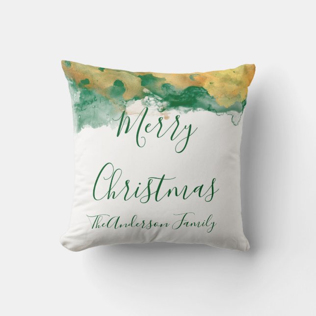 Groen Wit Goud Monogram Vrolijk Kerstfeest Kussen (Voorkant)